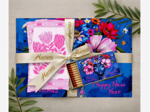 Merry Xmas Lady Face Blue & Pink Protea – Disposable Dining Sets (Placemats, Napkins & Long Matches)
