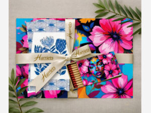 Merry Xmas Lady Face Pink & Protea Blue – Disposable Dining Sets (Placemats, Napkins & Long Matches)