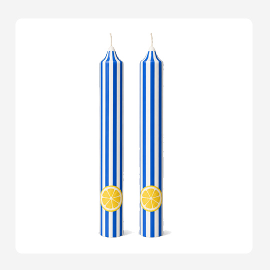 Blue and white vertical lines and lemon – Hand painted Candles