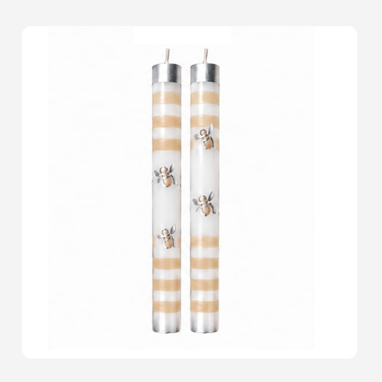 White and peach stripes bees – Hand painted Candles