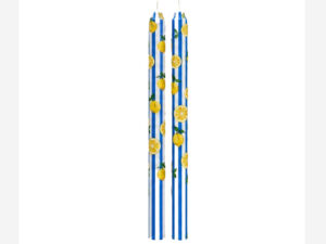 Lemon, blue and white vertical lines – Hand painted Candles