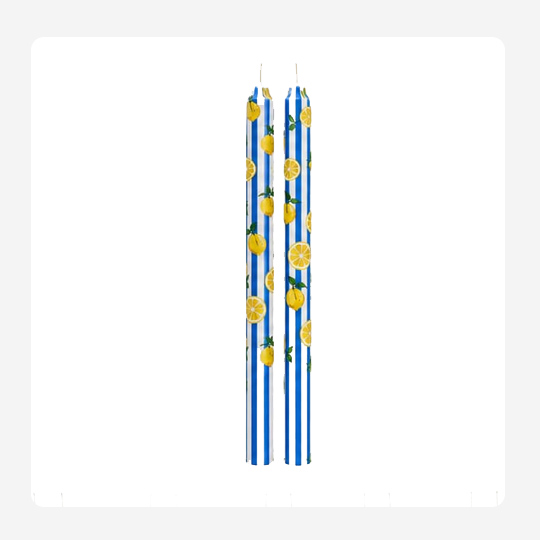 Lemon, blue and white vertical lines – Hand painted Candles